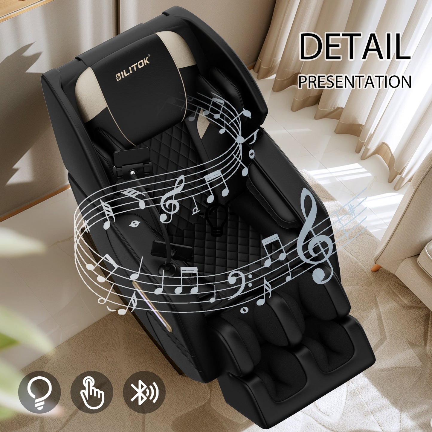 Fauteuil inclinable de massage à gravité zéro avec massage à air, chauffage et haut-parleurs Bluetooth