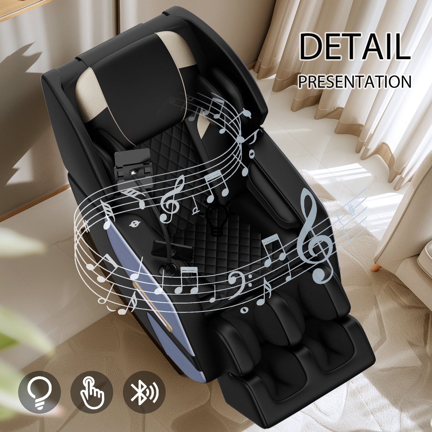 Fauteuil inclinable de massage à gravité zéro avec massage à air, chauffage et haut-parleurs Bluetooth