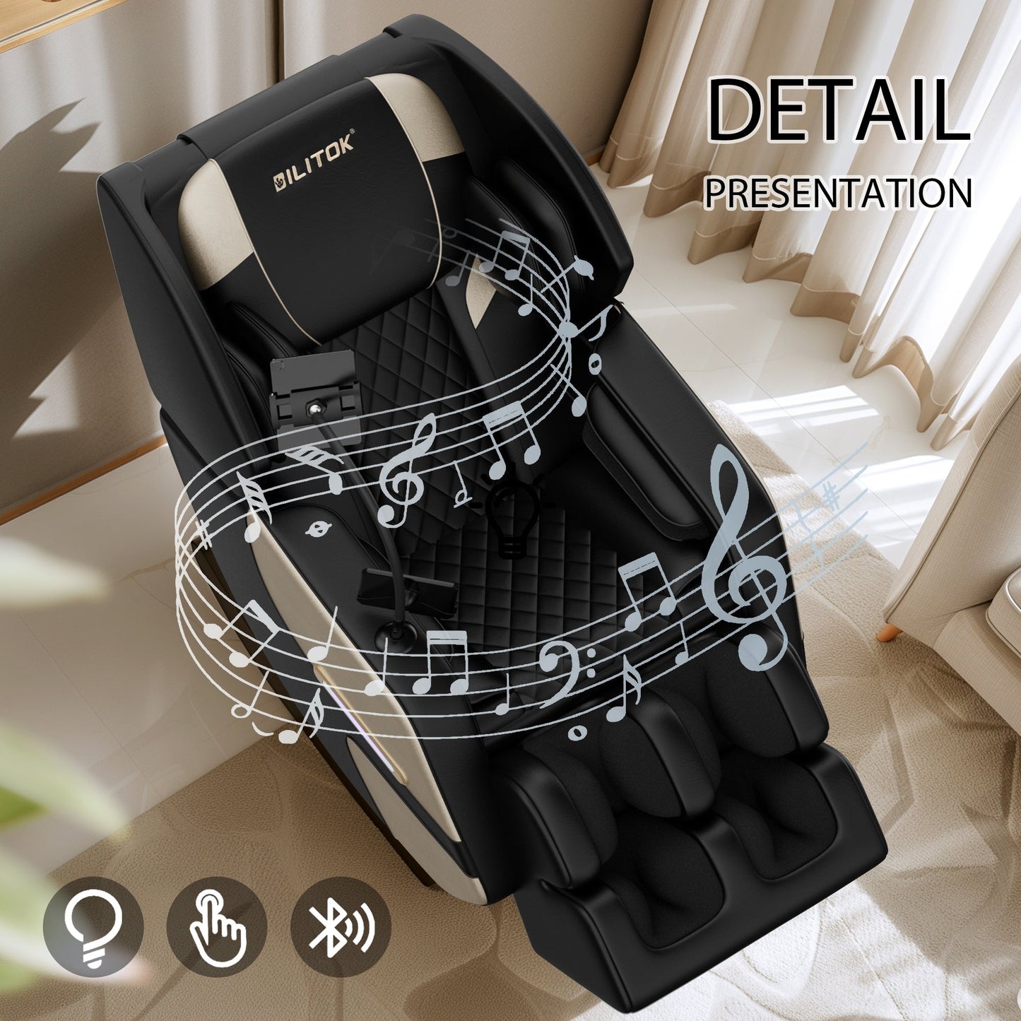 Fauteuil inclinable de massage à gravité zéro avec massage à air, chauffage et haut-parleurs Bluetooth