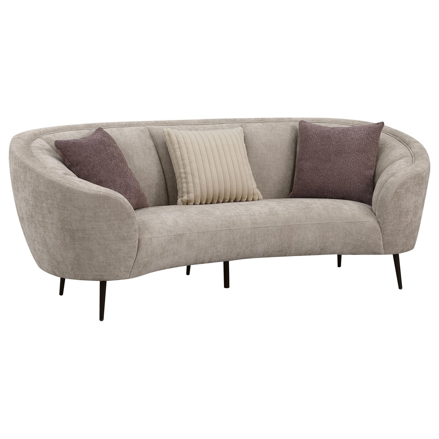 Canapé incurvé Zui, 92 pouces, tissu beige, design rond, 3 coussins décoratifs