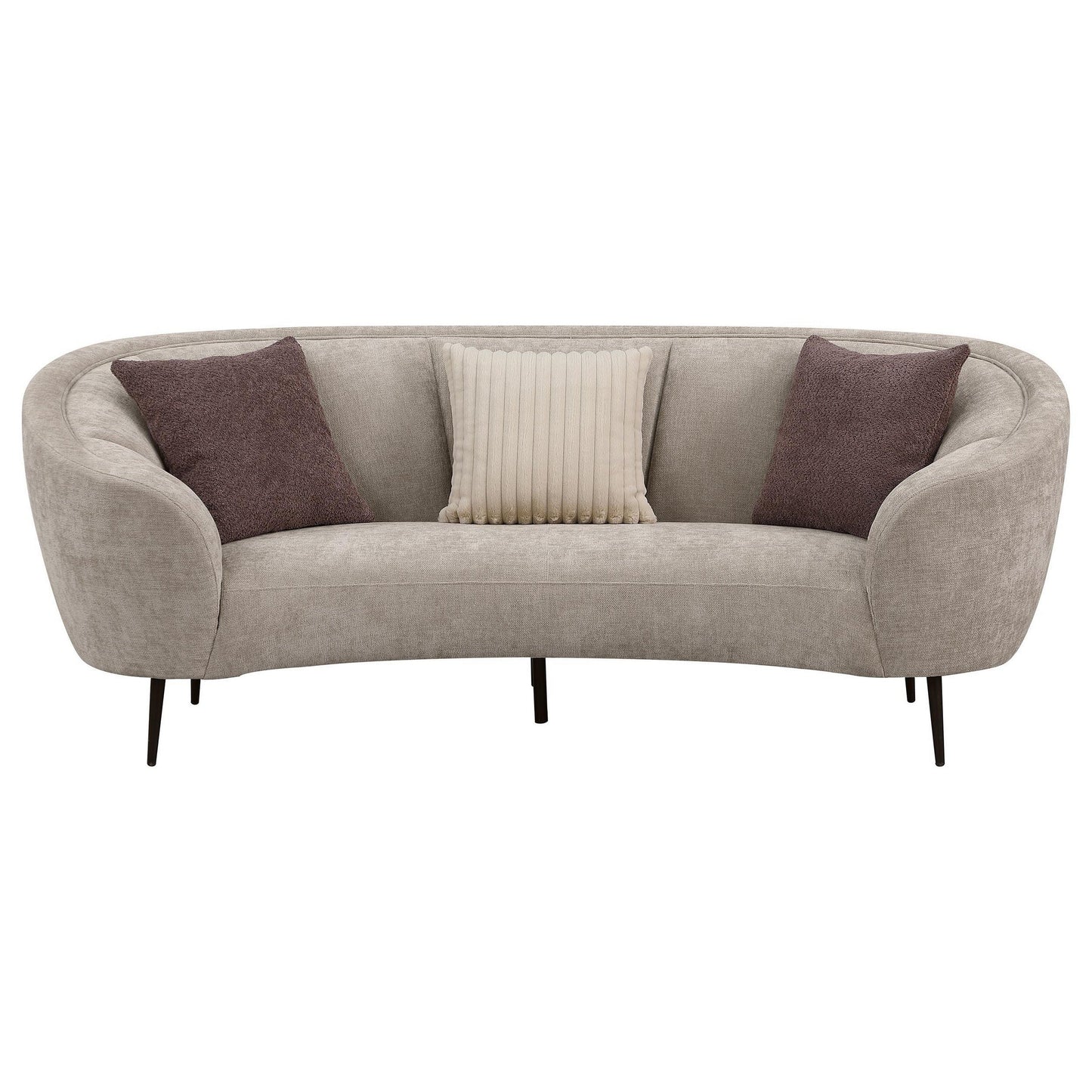 Canapé incurvé Zui, 92 pouces, tissu beige, design rond, 3 coussins décoratifs