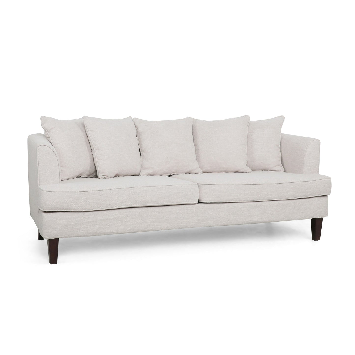 Canapé 3 places Zuko 74 pouces, tissu beige, 5 coussins décoratifs, pieds en bois