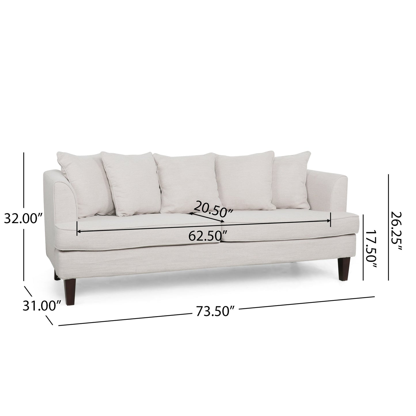 Canapé 3 places Zuko 74 pouces, tissu beige, 5 coussins décoratifs, pieds en bois