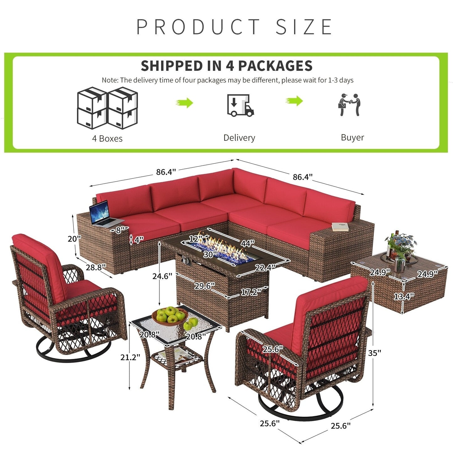 Ensemble de meubles de patio 10 pièces avec table et foyer