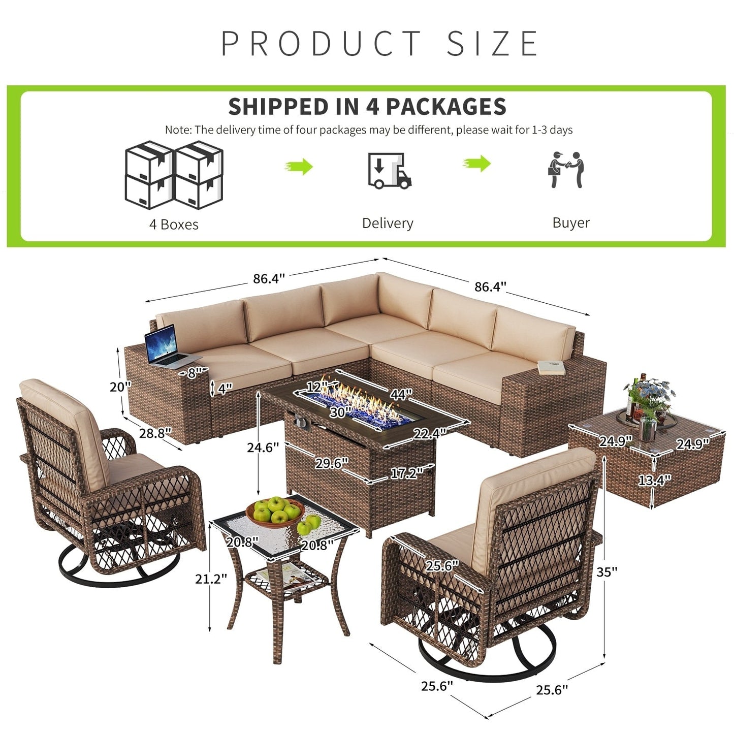 Ensemble de meubles de patio 10 pièces avec table et foyer