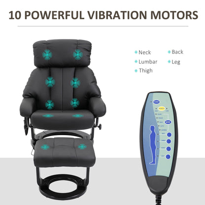 Fauteuil de massage à vibrations 10 points, pivotant et inclinable, en cuir PU, avec dossier réglable, repose-pieds et télécommande