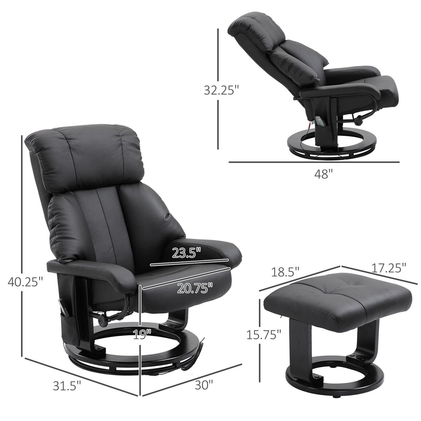 Fauteuil de massage à vibrations 10 points, pivotant et inclinable, en cuir PU, avec dossier réglable, repose-pieds et télécommande