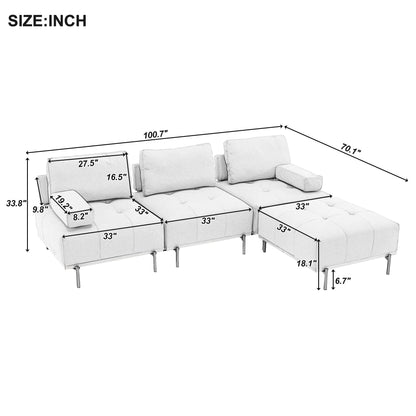 Canapé en L en tissu de 100,7 po avec pouf amovible et pieds en métal
