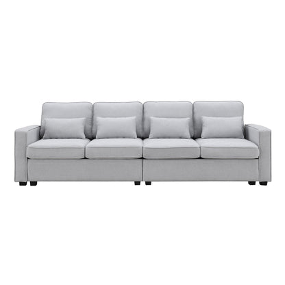 Canapé 4 places moderne en lin avec poches pour accoudoirs et 4 coussins