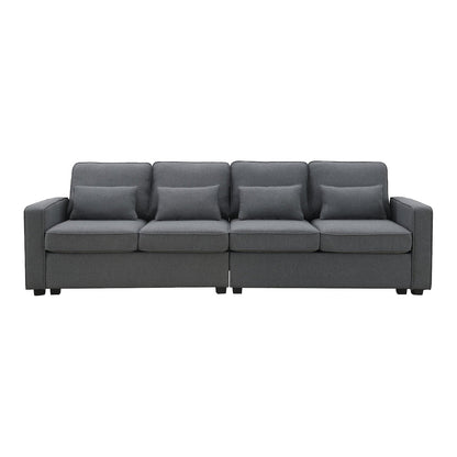 Canapé 4 places moderne en lin avec poches pour accoudoirs et 4 coussins