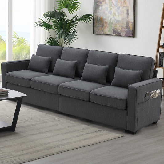 Canapé 4 places moderne en lin avec poches pour accoudoirs et 4 coussins