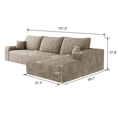 Canapé sectionnel modulaire en velours côtelé de 107 pouces avec méridienne et assise profonde pour salon et chambre à coucher
