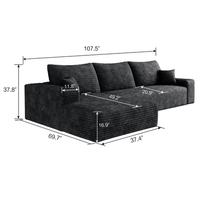 Canapé sectionnel modulaire en velours côtelé de 107 pouces avec méridienne et assise profonde pour salon et chambre à coucher