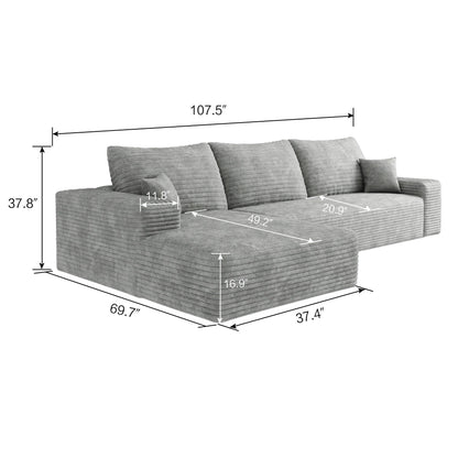 Canapé sectionnel modulaire en velours côtelé de 107 pouces avec méridienne et assise profonde pour salon et chambre à coucher