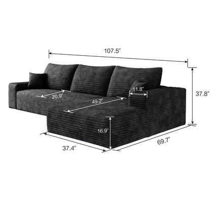 Canapé sectionnel modulaire en velours côtelé de 107 pouces avec méridienne et assise profonde pour salon et chambre à coucher