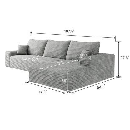 Canapé sectionnel modulaire en velours côtelé de 107 pouces avec méridienne et assise profonde pour salon et chambre à coucher
