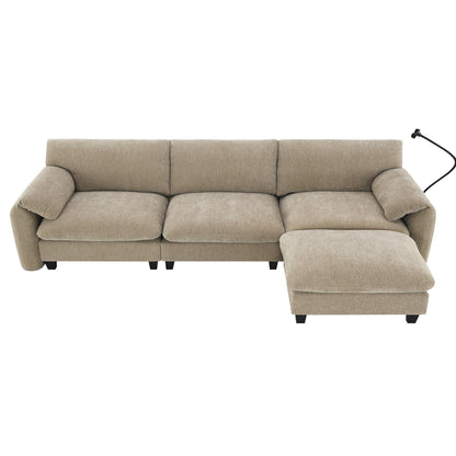 Canapé sectionnel modulaire en chenille de 108 pouces avec ports USB et Type-C, supports pour téléphone, poches de rangement latérales et pouf amovible