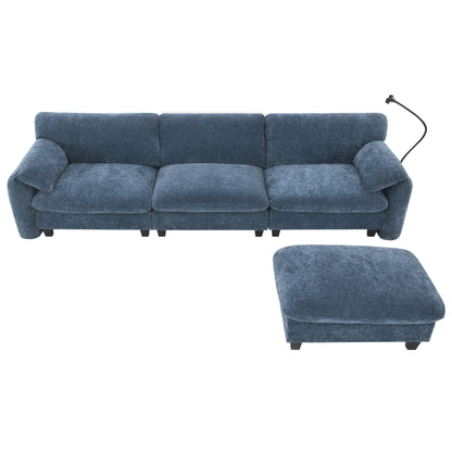 Canapé sectionnel modulaire en chenille de 108 pouces avec ports USB et Type-C, supports pour téléphone, poches de rangement latérales et pouf amovible