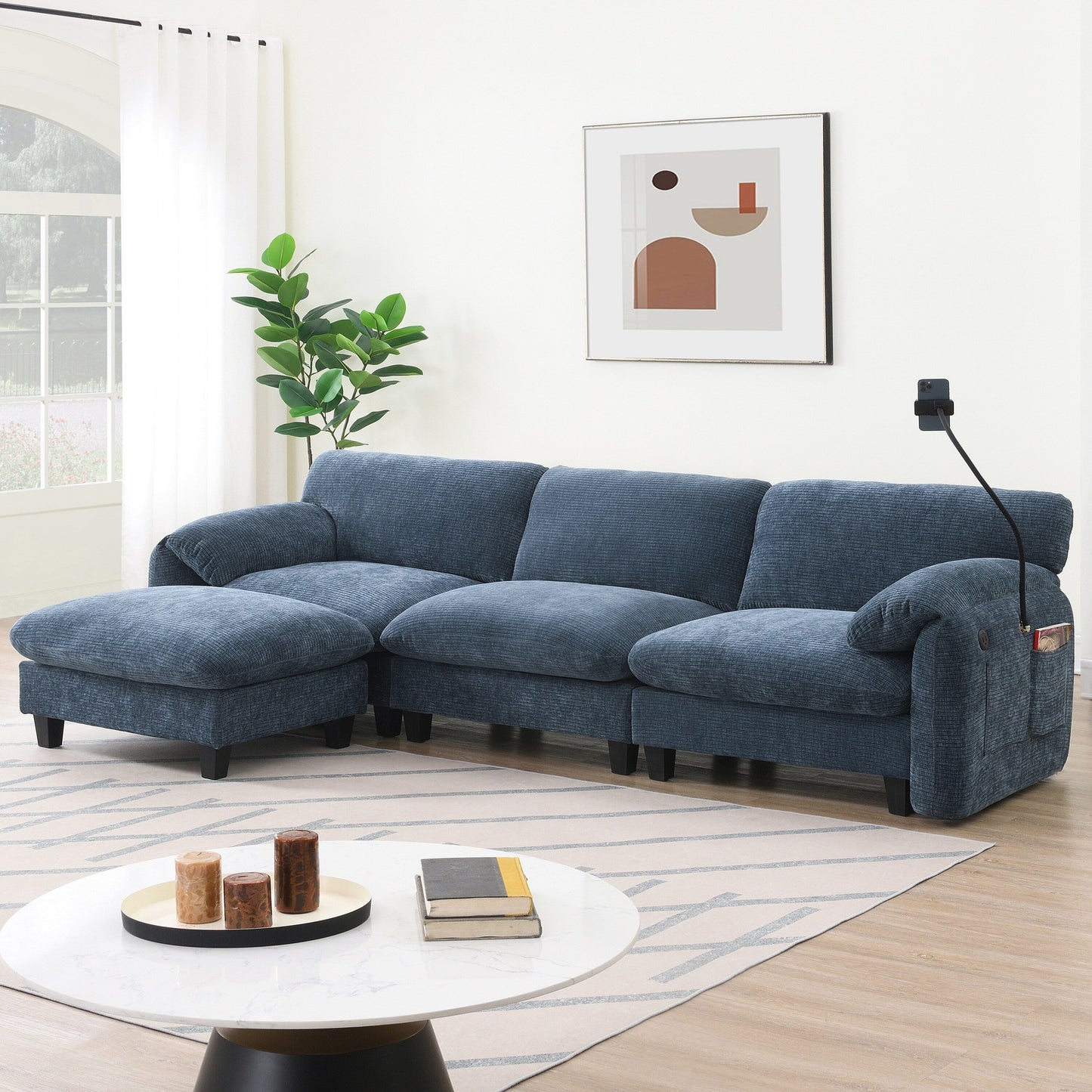 Canapé sectionnel modulaire en chenille de 108 pouces avec ports USB et Type-C, supports pour téléphone, poches de rangement latérales et pouf amovible