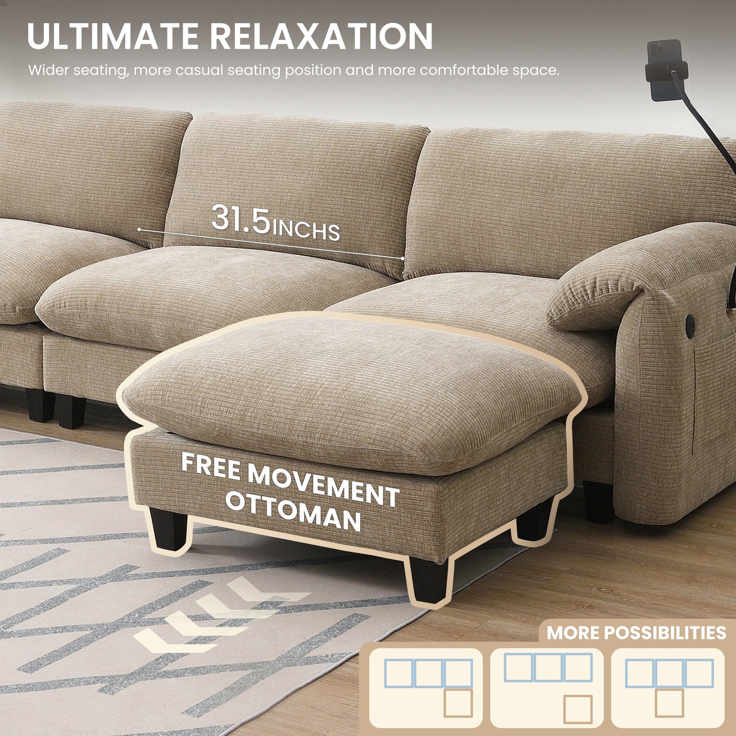 Canapé sectionnel modulaire en chenille de 108 pouces avec ports USB et Type-C, supports pour téléphone, poches de rangement latérales et pouf amovible