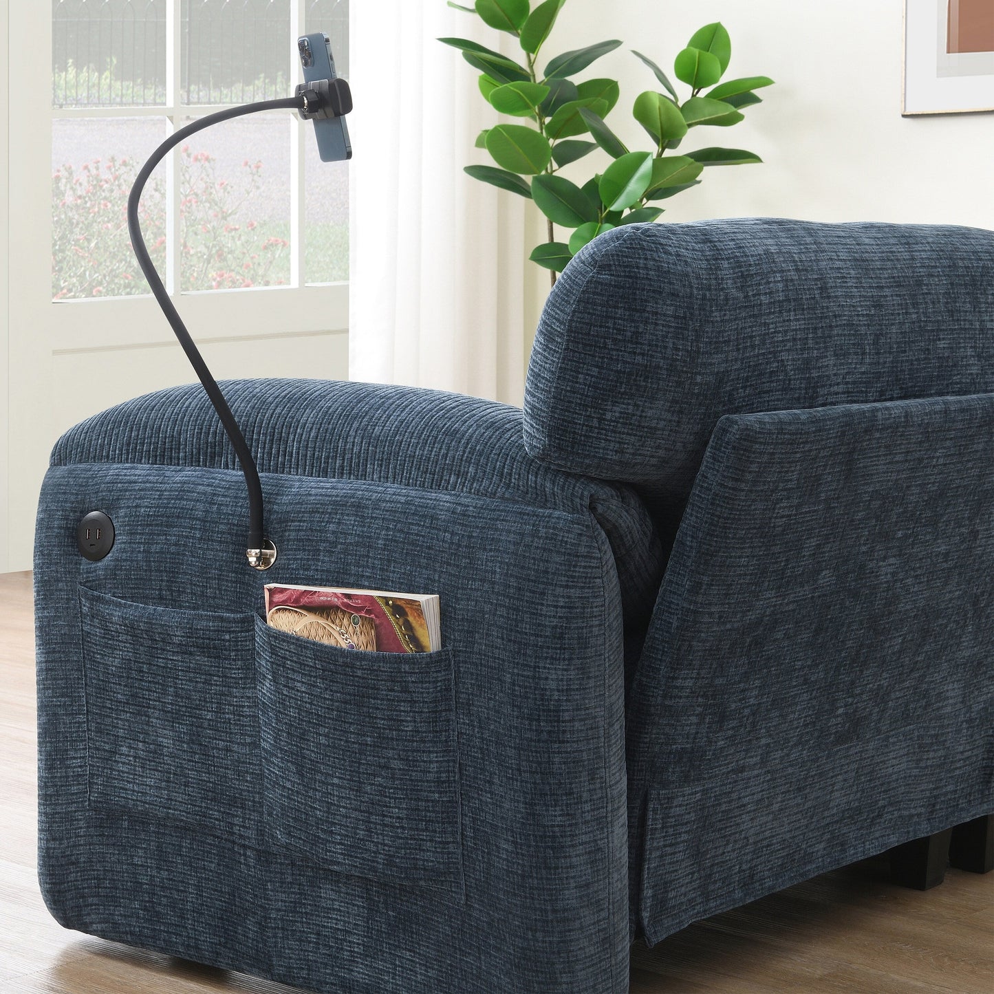 Canapé sectionnel modulaire en chenille de 108 pouces avec ports USB et Type-C, supports pour téléphone, poches de rangement latérales et pouf amovible