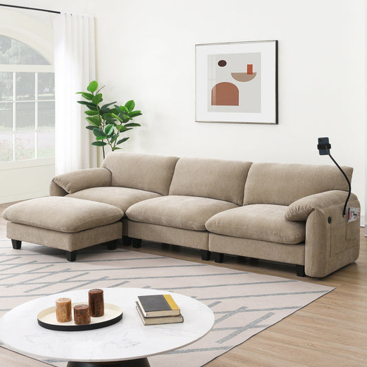 Canapé sectionnel modulaire en chenille de 108 pouces avec ports USB et Type-C, supports pour téléphone, poches de rangement latérales et pouf amovible