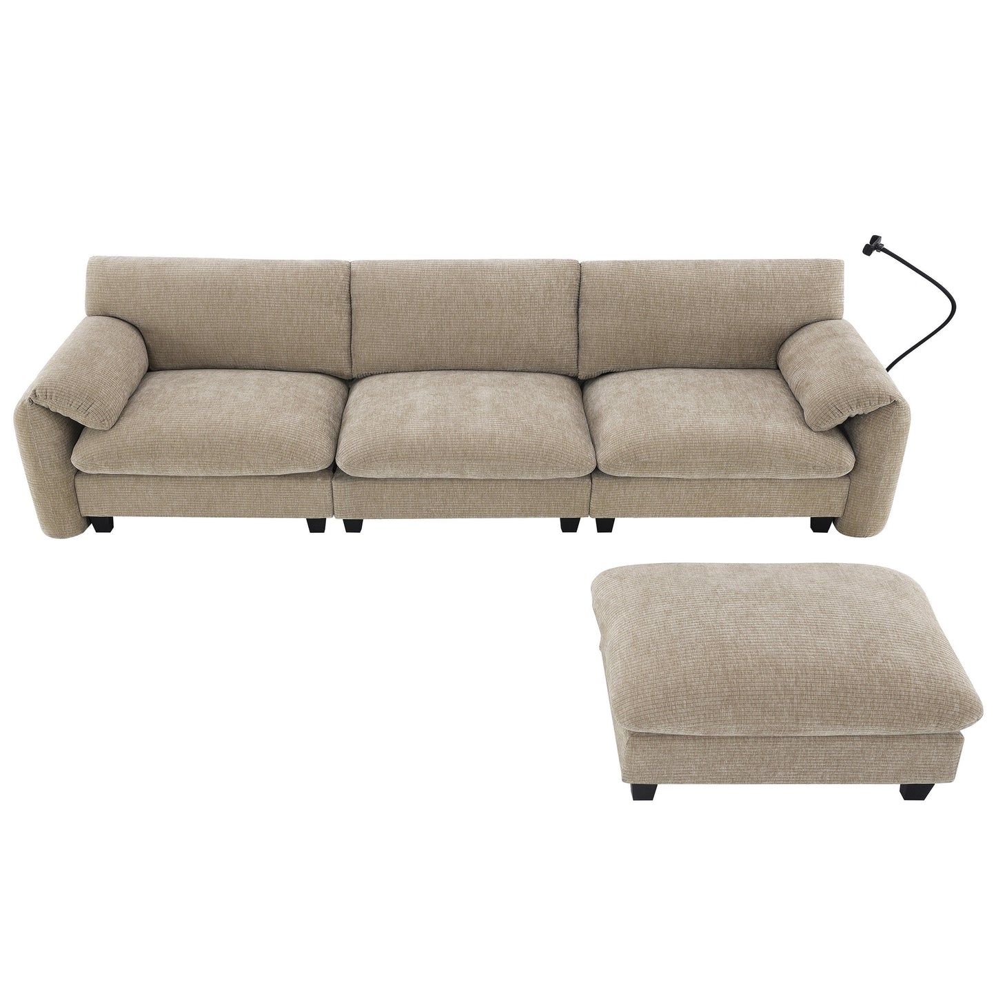 Canapé sectionnel modulaire en chenille de 108 pouces avec ports USB et Type-C, supports pour téléphone, poches de rangement latérales et pouf amovible