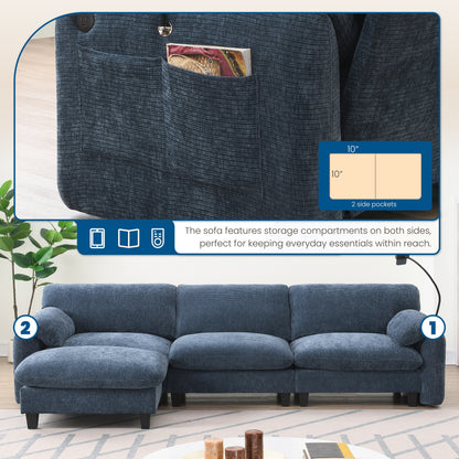 Canapé sectionnel modulaire en chenille de 108 pouces avec ports USB et Type-C, supports pour téléphone, poches de rangement latérales et pouf amovible