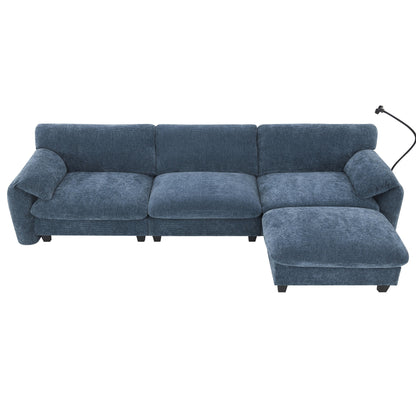 Canapé sectionnel modulaire en chenille de 108 pouces avec ports USB et Type-C, supports pour téléphone, poches de rangement latérales et pouf amovible