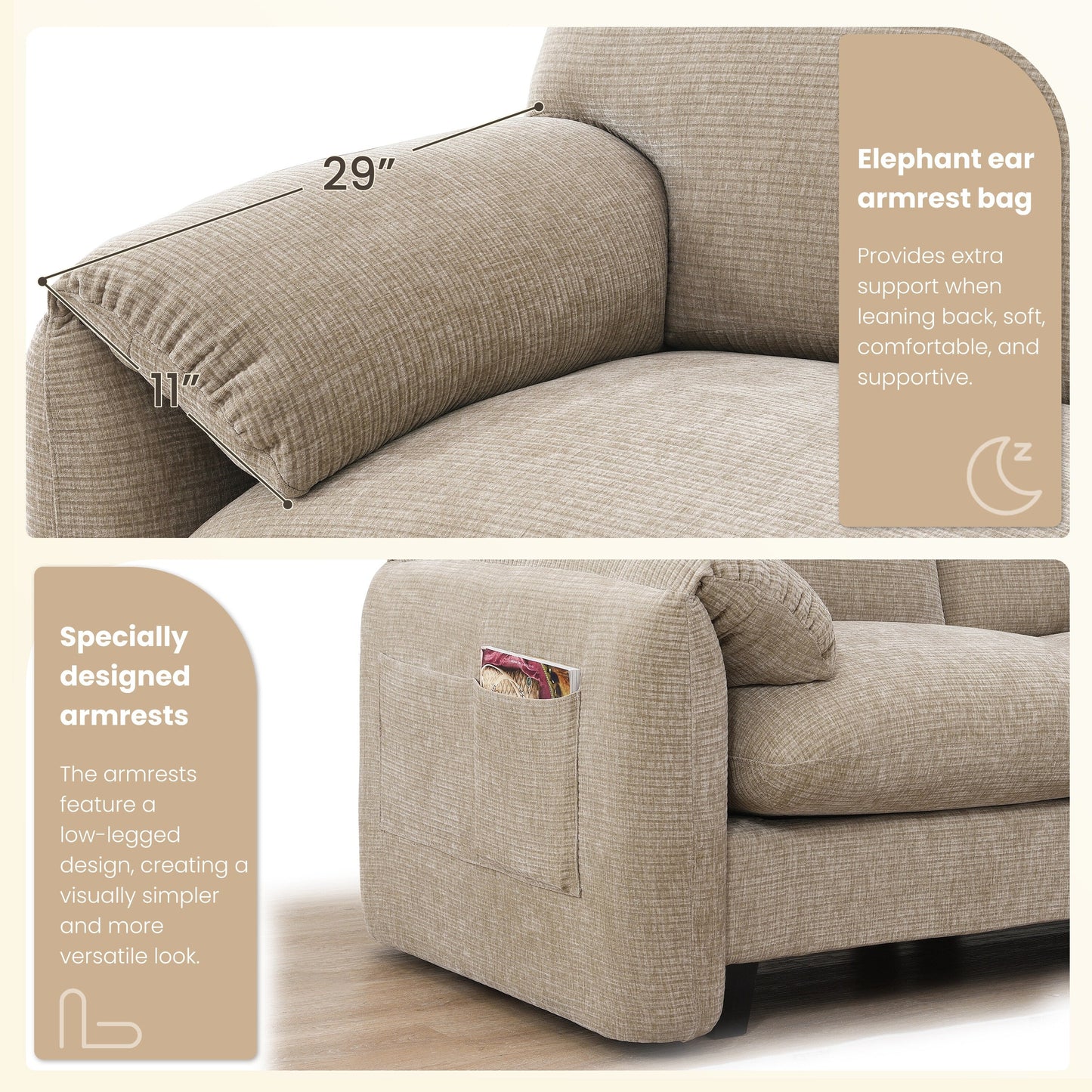 Canapé sectionnel modulaire en chenille de 108 pouces avec ports USB et Type-C, supports pour téléphone, poches de rangement latérales et pouf amovible