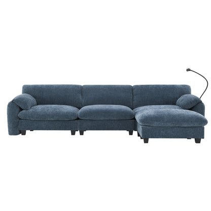 Canapé sectionnel modulaire en chenille de 108 pouces avec ports USB et Type-C, supports pour téléphone, poches de rangement latérales et pouf amovible