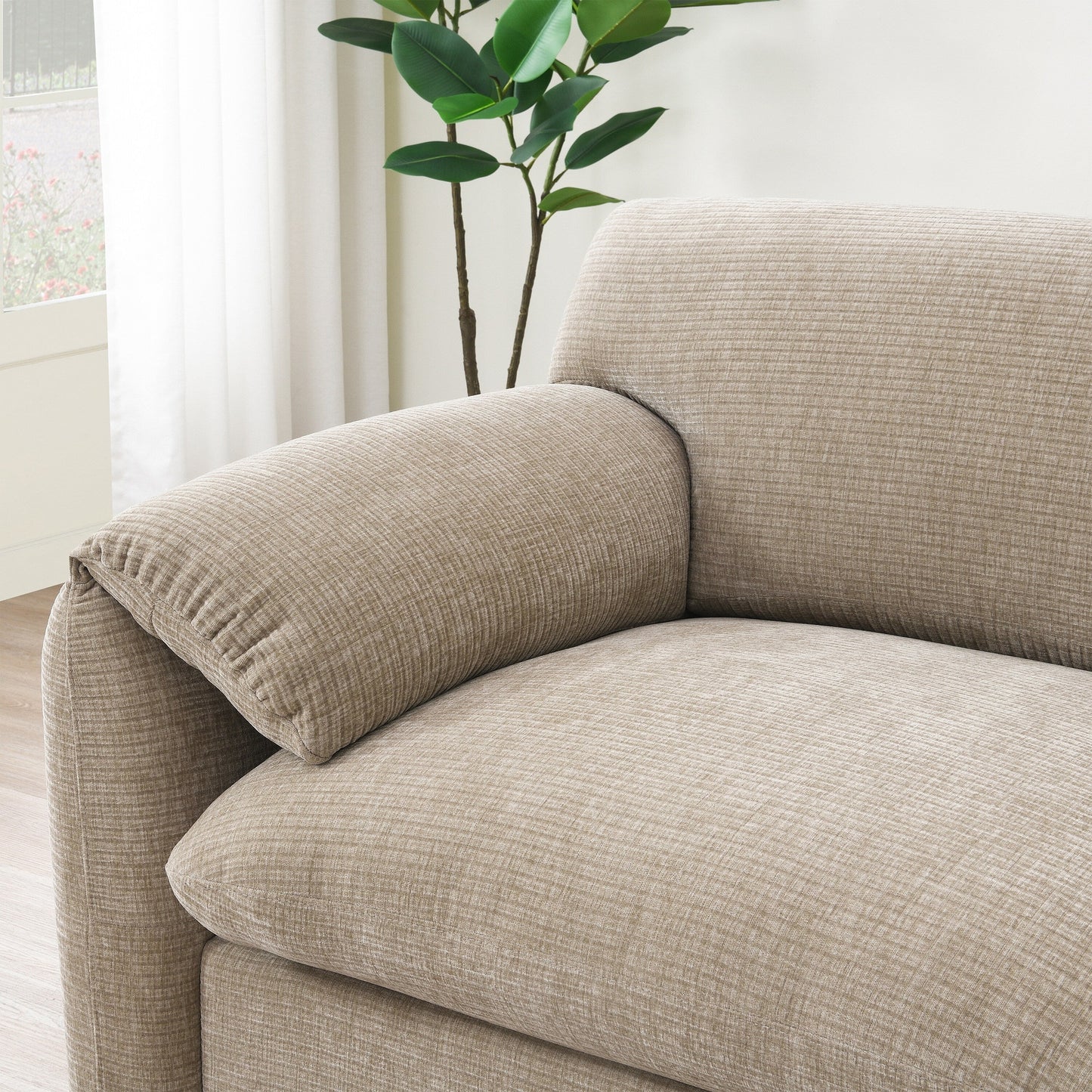 Canapé sectionnel modulaire en chenille de 108 pouces avec ports USB et Type-C, supports pour téléphone, poches de rangement latérales et pouf amovible