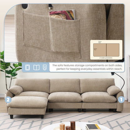 Canapé sectionnel modulaire en chenille de 108 pouces avec ports USB et Type-C, supports pour téléphone, poches de rangement latérales et pouf amovible