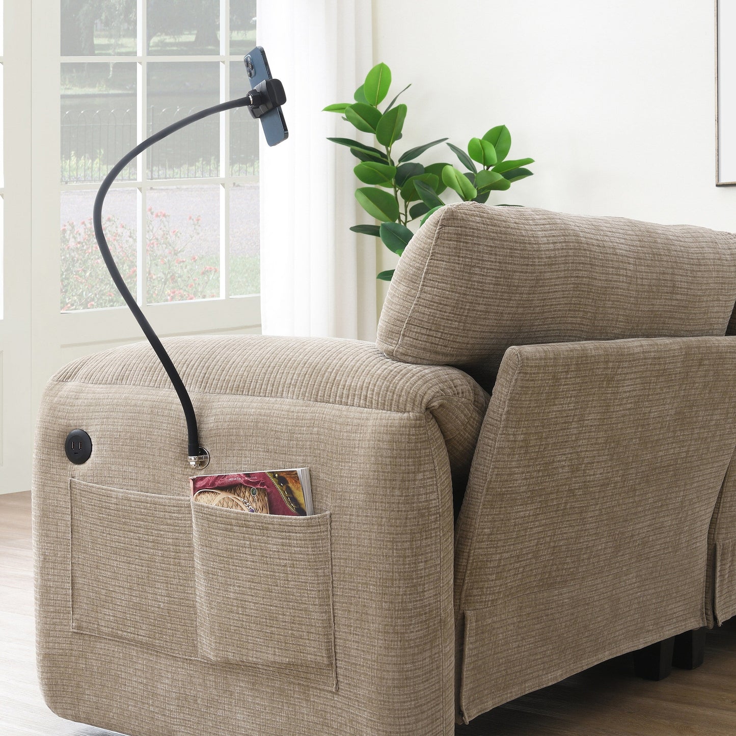 Canapé sectionnel modulaire en chenille de 108 pouces avec ports USB et Type-C, supports pour téléphone, poches de rangement latérales et pouf amovible