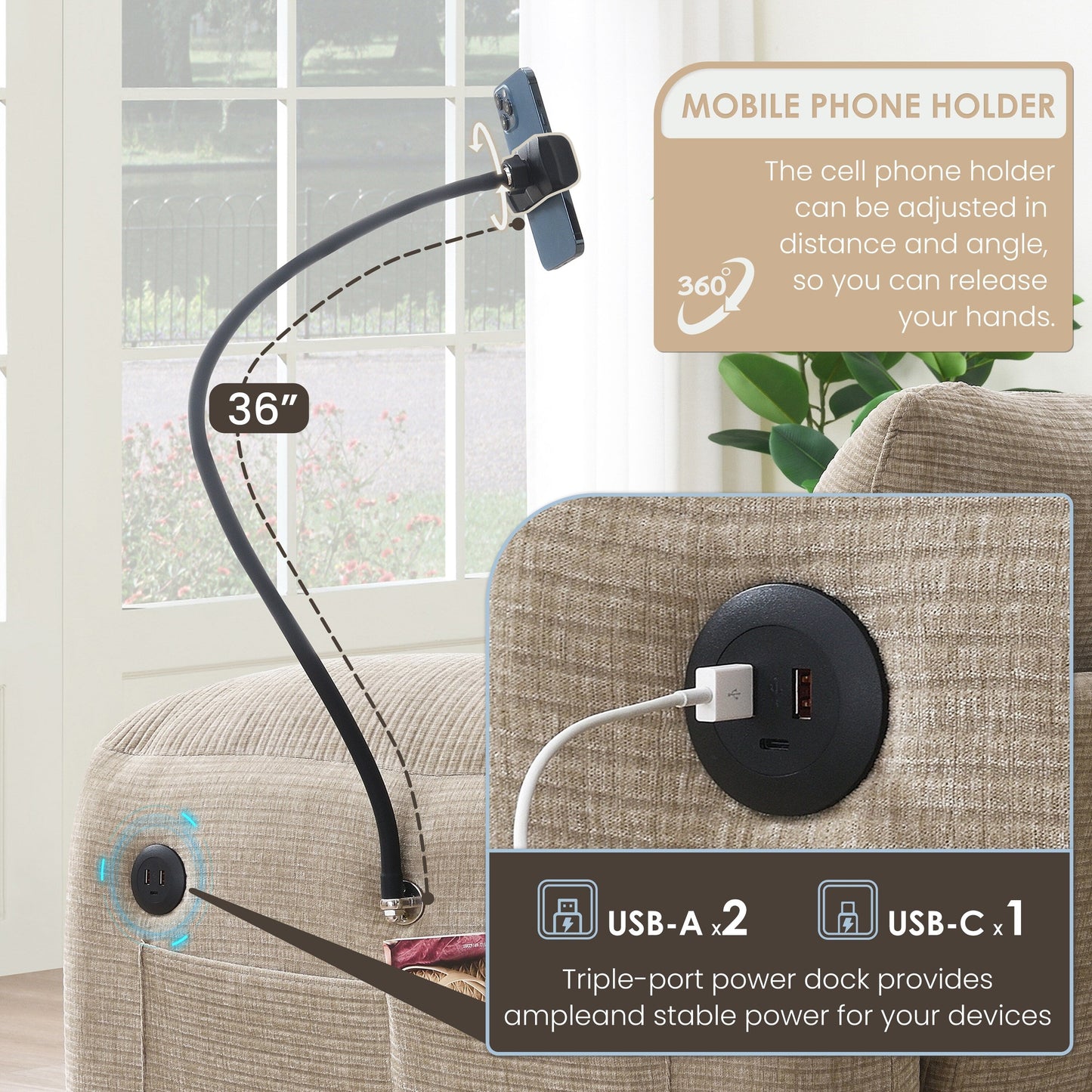 Canapé sectionnel modulaire en chenille de 108 pouces avec ports USB et Type-C, supports pour téléphone, poches de rangement latérales et pouf amovible