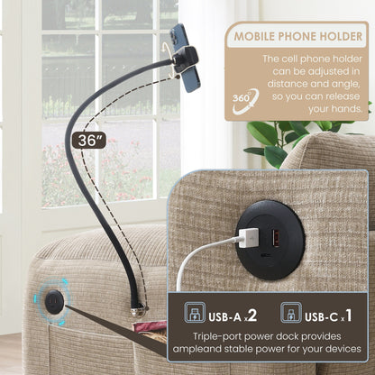 Canapé sectionnel modulaire en chenille de 108 pouces avec ports USB et Type-C, supports pour téléphone, poches de rangement latérales et pouf amovible