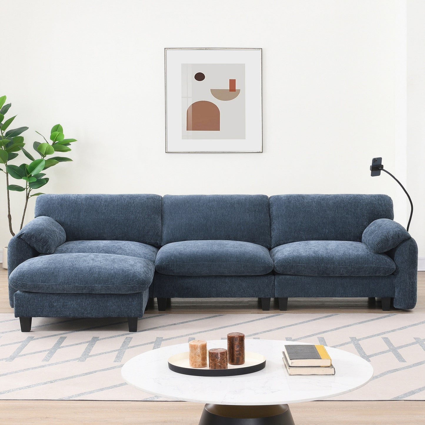 Canapé sectionnel modulaire en chenille de 108 pouces avec ports USB et Type-C, supports pour téléphone, poches de rangement latérales et pouf amovible