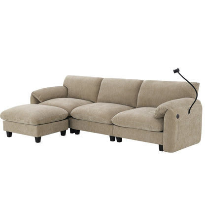 Canapé sectionnel modulaire en chenille de 108 pouces avec ports USB et Type-C, supports pour téléphone, poches de rangement latérales et pouf amovible