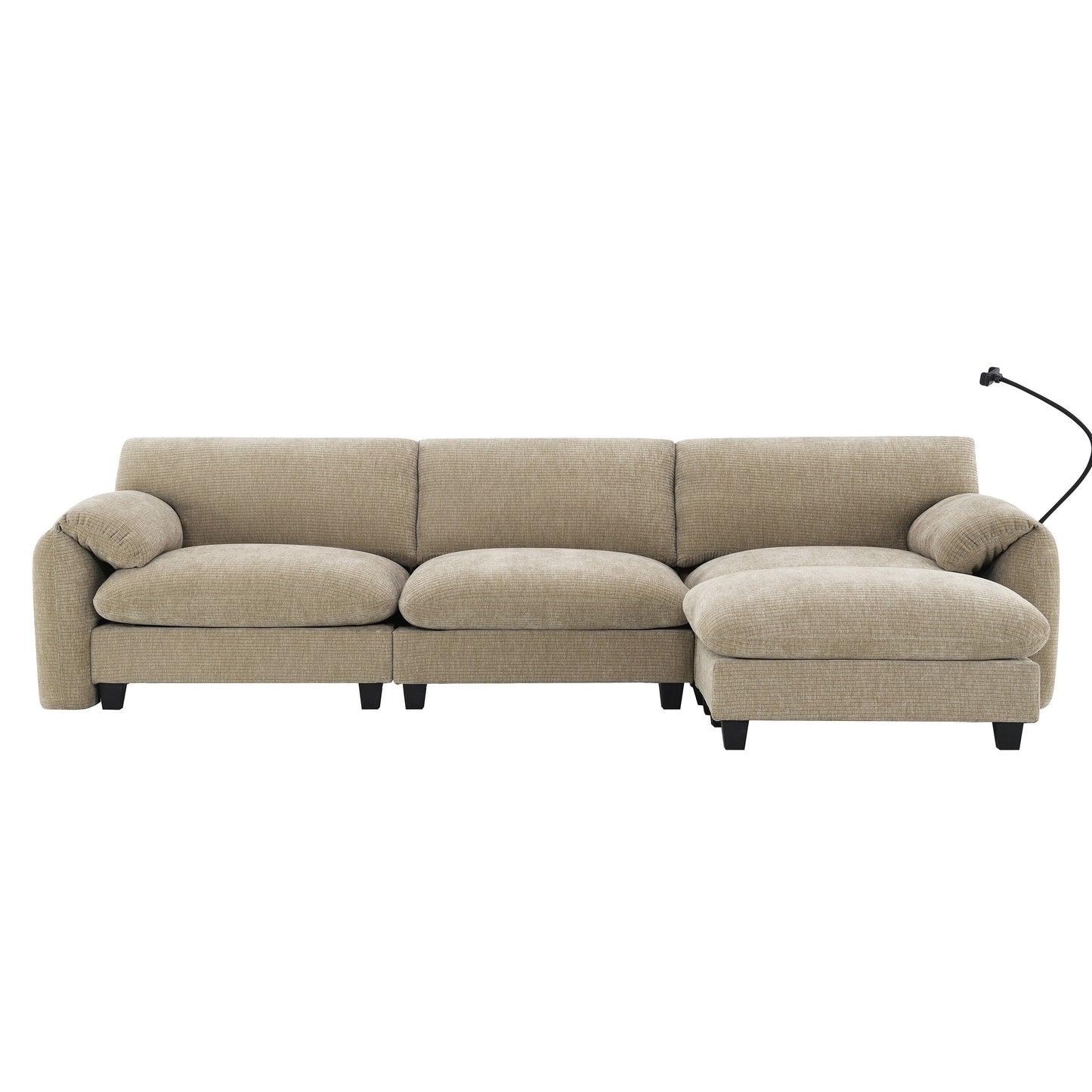 Canapé sectionnel modulaire en chenille de 108 pouces avec ports USB et Type-C, supports pour téléphone, poches de rangement latérales et pouf amovible