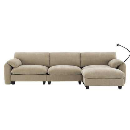Canapé sectionnel modulaire en chenille de 108 pouces avec ports USB et Type-C, supports pour téléphone, poches de rangement latérales et pouf amovible