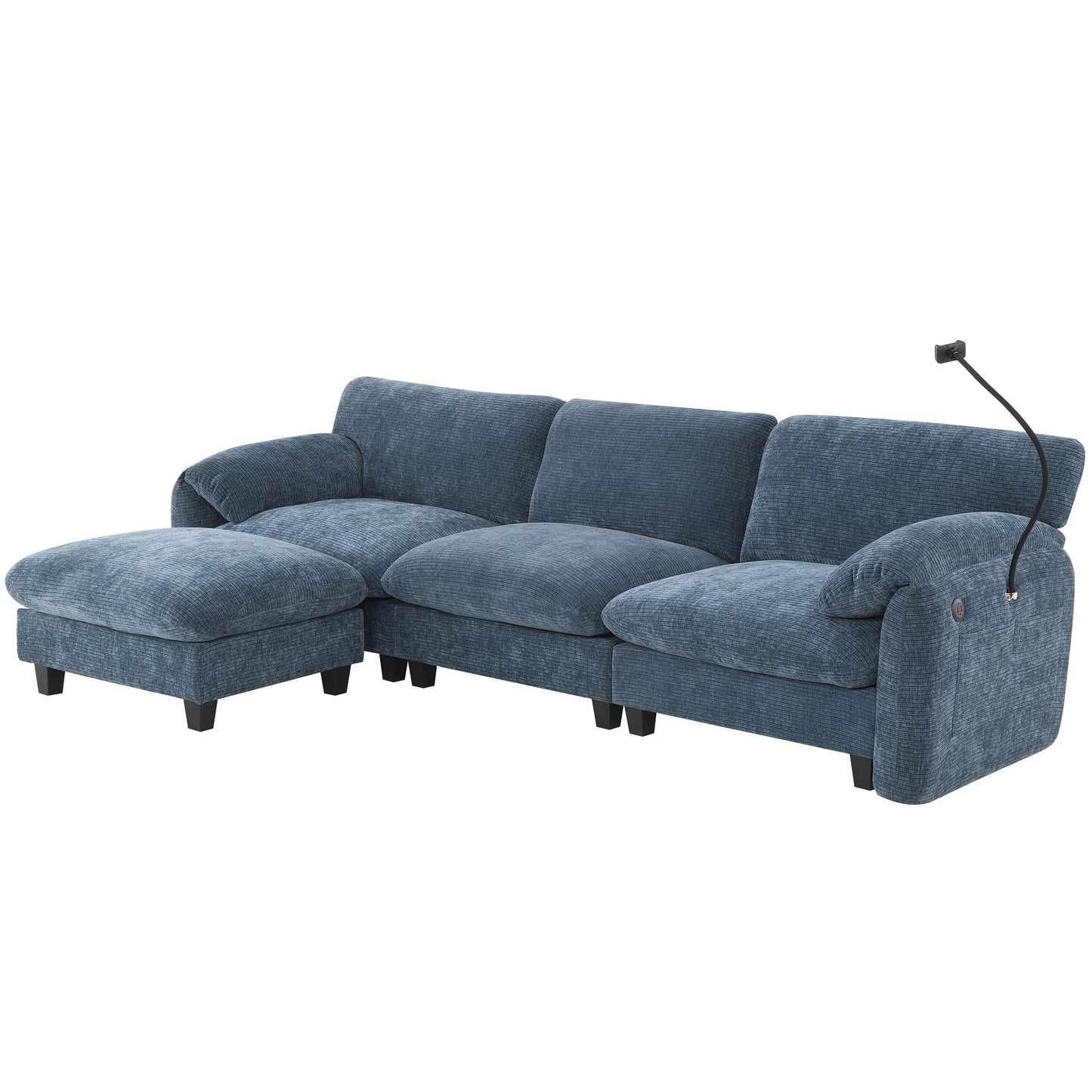 Canapé sectionnel modulaire en chenille de 108 pouces avec ports USB et Type-C, supports pour téléphone, poches de rangement latérales et pouf amovible