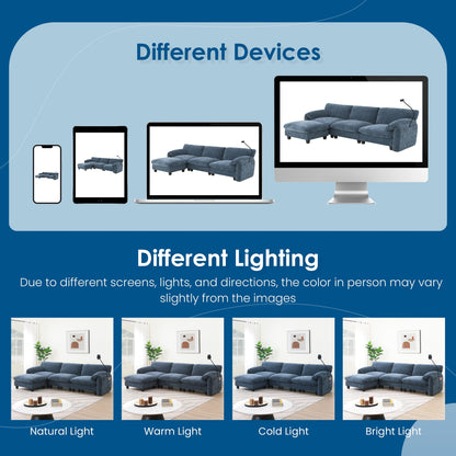 Canapé sectionnel modulaire en chenille de 108 pouces avec ports USB et Type-C, supports pour téléphone, poches de rangement latérales et pouf amovible
