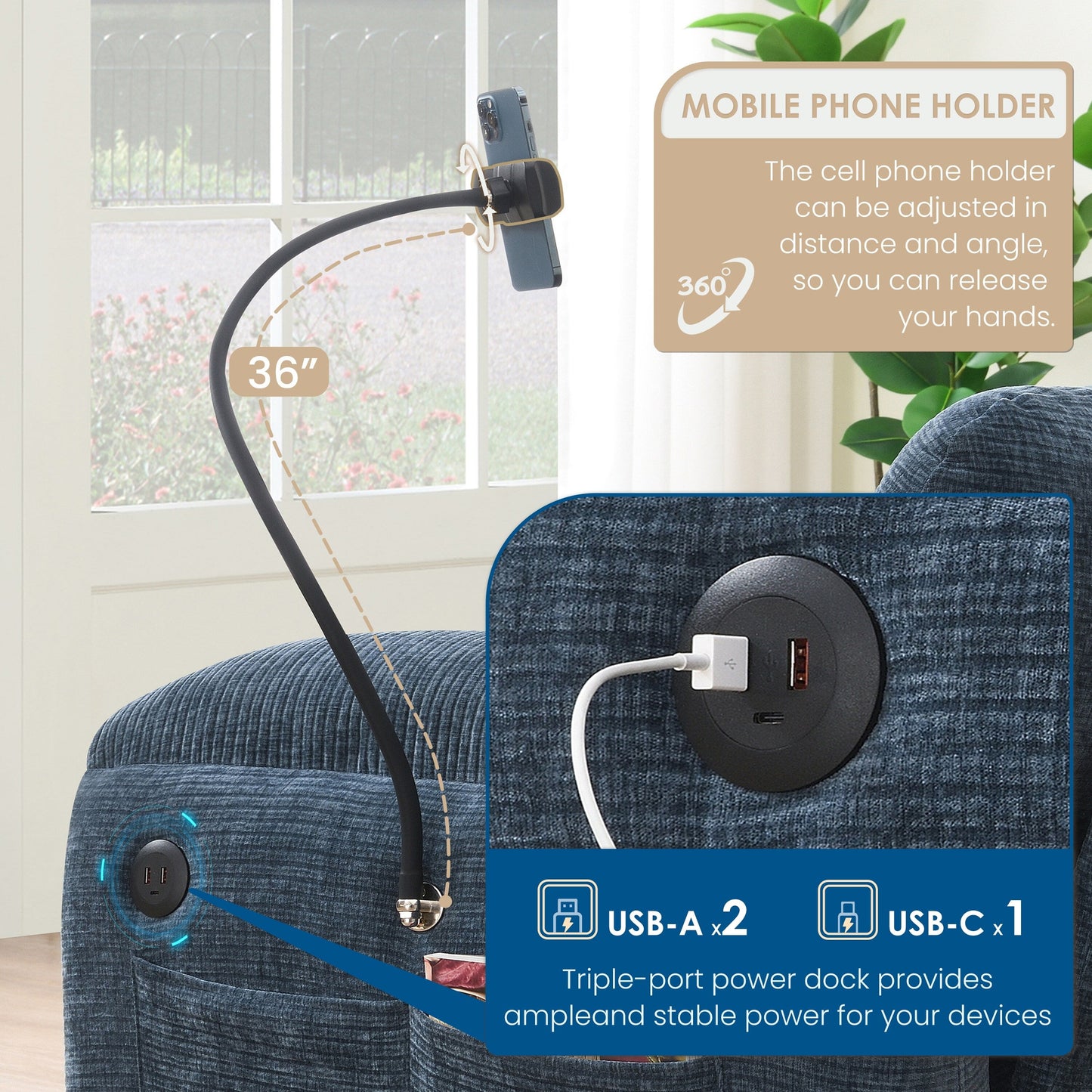 Canapé sectionnel modulaire en chenille de 108 pouces avec ports USB et Type-C, supports pour téléphone, poches de rangement latérales et pouf amovible