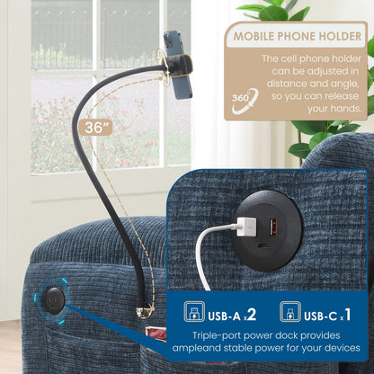 Canapé sectionnel modulaire en chenille de 108 pouces avec ports USB et Type-C, supports pour téléphone, poches de rangement latérales et pouf amovible