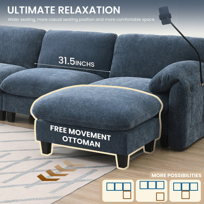 Canapé sectionnel modulaire en chenille de 108 pouces avec ports USB et Type-C, supports pour téléphone, poches de rangement latérales et pouf amovible