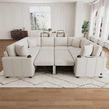 Canapé sectionnel modulaire en U de 108 pouces avec canapé-lit gigogne, ports USB et deux porte-gobelets pour le salon