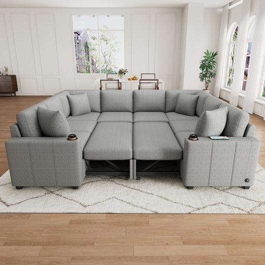 Canapé sectionnel modulaire en U de 108 pouces avec canapé-lit gigogne, ports USB et deux porte-gobelets pour le salon