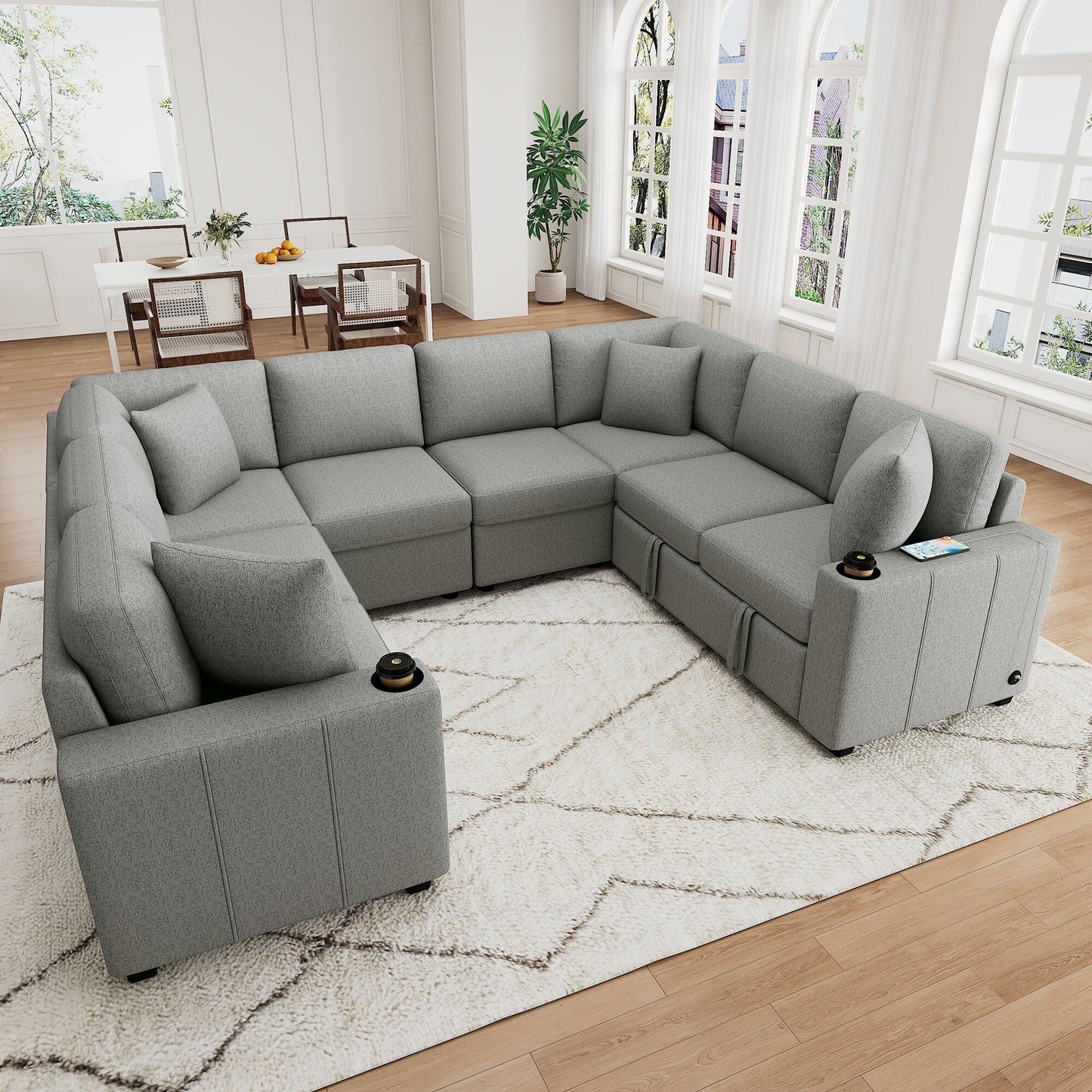 Canapé sectionnel modulaire en U de 108 pouces avec canapé-lit gigogne, ports USB et deux porte-gobelets pour le salon
