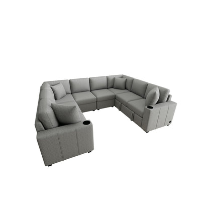 Canapé sectionnel modulaire en U de 108 pouces avec canapé-lit gigogne, ports USB et deux porte-gobelets pour le salon