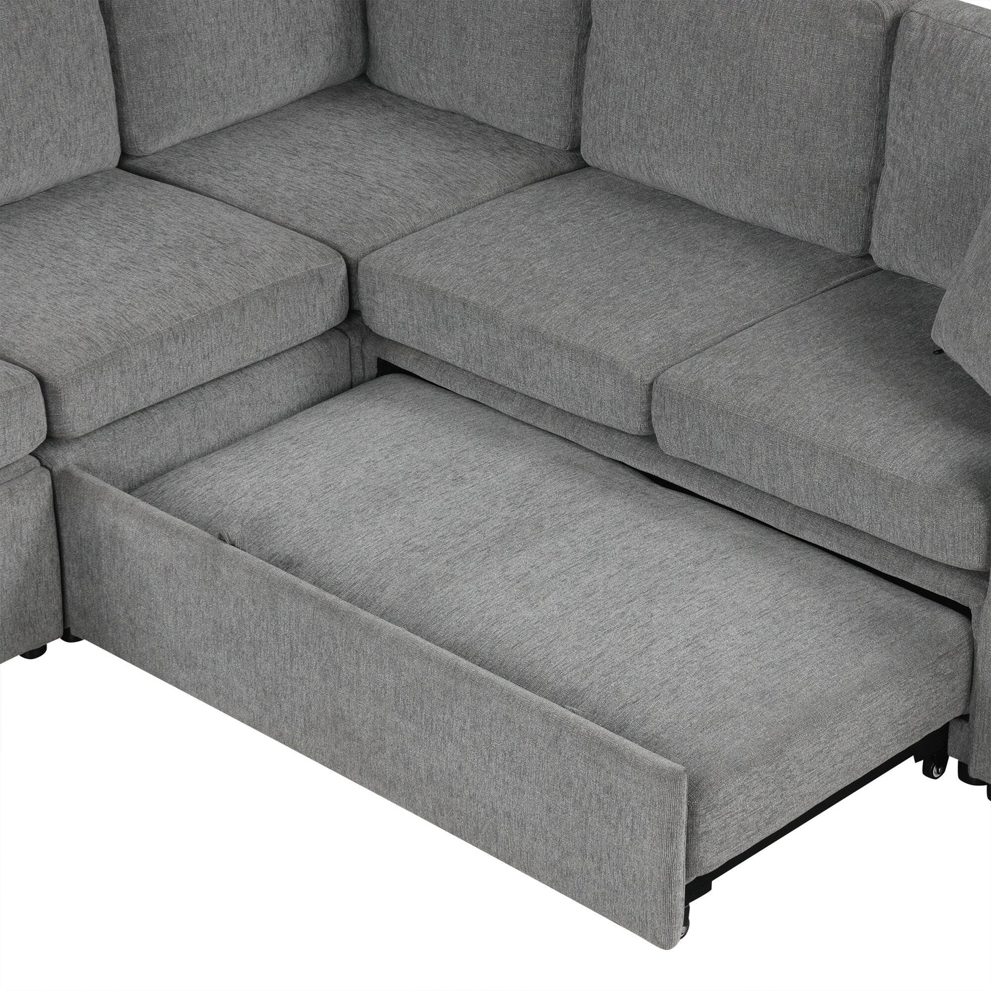 Canapé sectionnel modulaire en U de 108 pouces avec canapé-lit gigogne, ports USB et deux porte-gobelets pour le salon